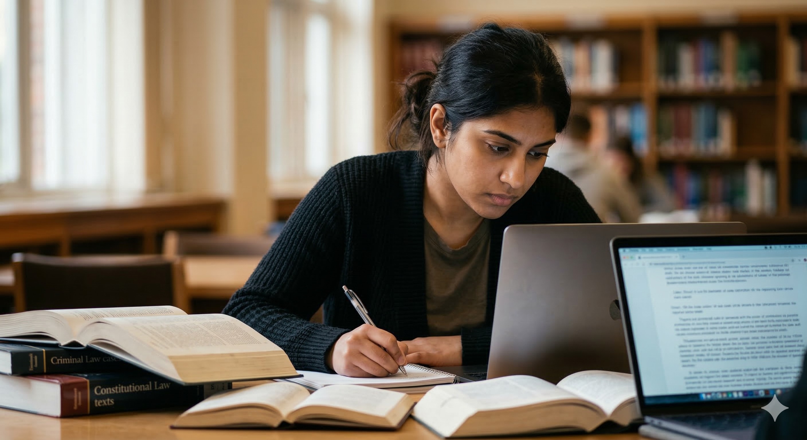 A law student building her own notes in a library